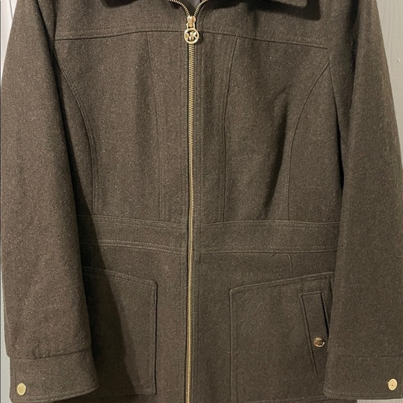Michael Kors Wool Car Utility Pea Coat Dark Brown Hooded Size Large Gold Zipper - Picture 5 of 15